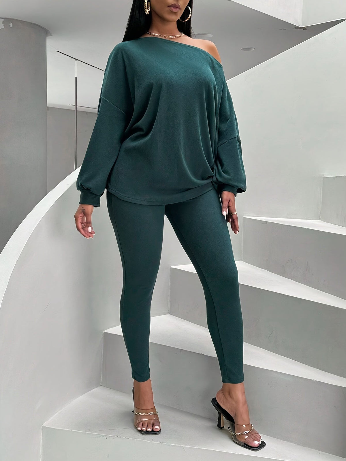 Damen Loungewear Set Dunkelgrün Schulterfrei Pullover Leggings