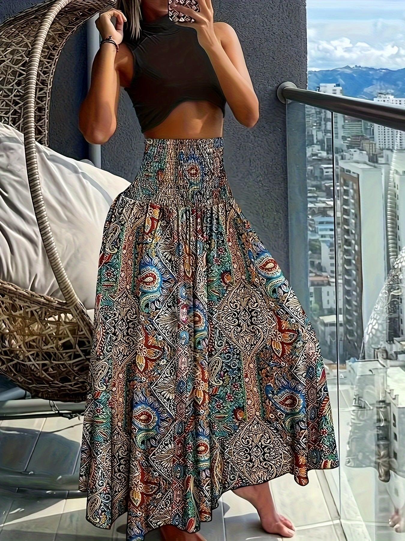 Damen Maxirock mit tropischem Print – Eleganter Boho-Stil für Sommer und Urlaub