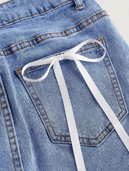Damen Jeans Minirock im eleganten Stil mit verspielten Schleifen und Taschen – Perfekt für Freizeit und Sommer
