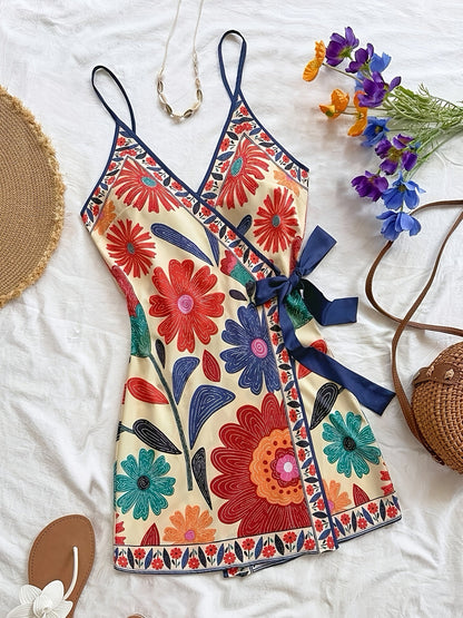 Damen Sommer Wickelkleid mit tropischem Print und Blumenmuster – Ideal für Urlaub und Freizeit