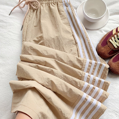 Damen Weitbeinige Athleisure Hose mit Streifen und Kordelzug – Sportlich & Lässig