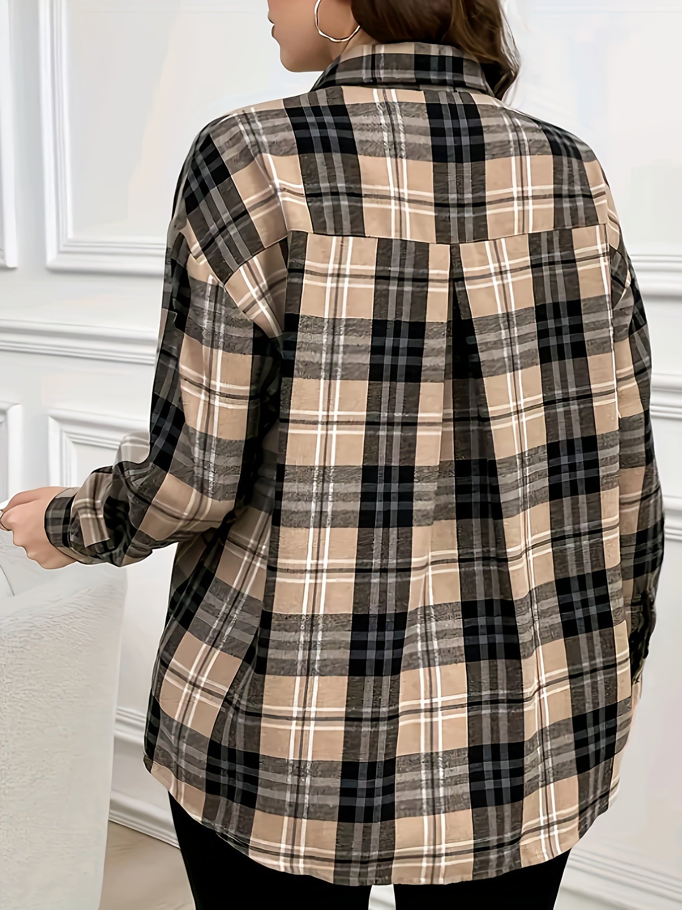 Damen Kariertes Hemd Langarm Button-Down Bluse mit Brusttasche