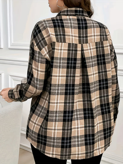 Damen Kariertes Hemd Langarm Button-Down Bluse mit Brusttasche