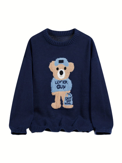 Unisex Strickpullover mit Teddybär-Muster Rundhalsausschnitt Langarm