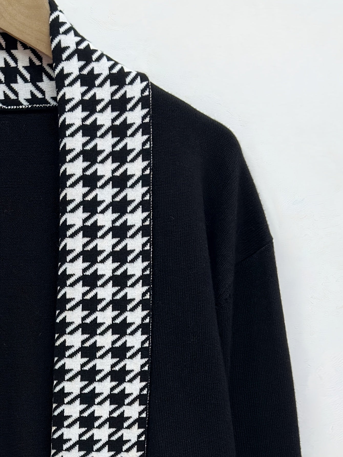 Herren Cardigan mit Hahnentrittmuster Revers Offene Vorderseite Schwarz