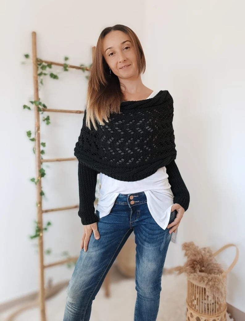 Gestrickter Bolero Damen Wickelpullover mit Ärmeln und Lochmuster