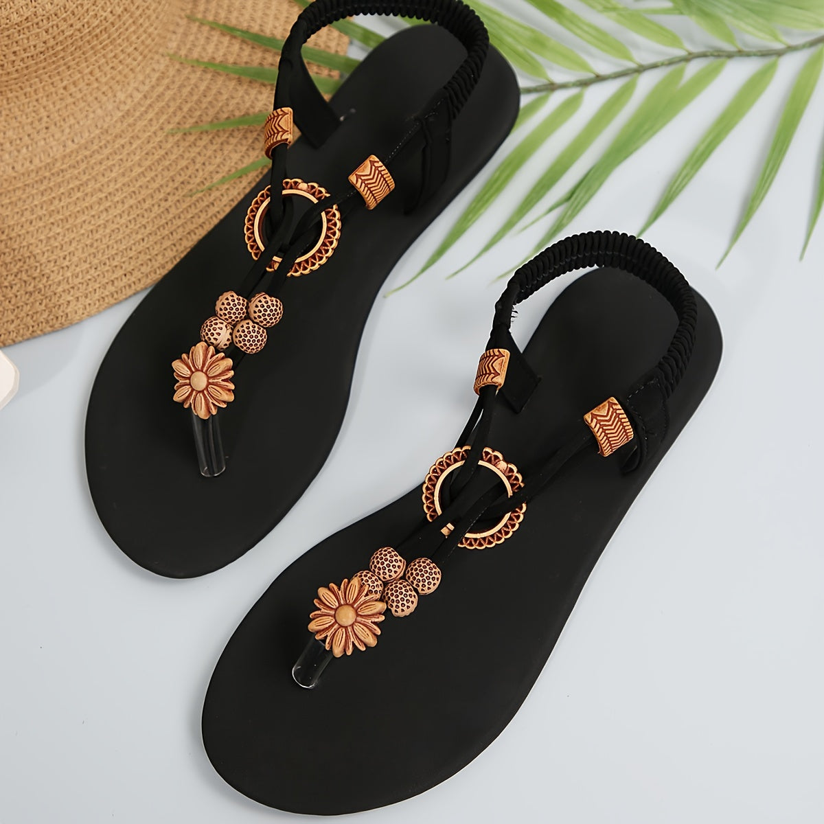 Damen Boho Zehensteg-Sandalen mit Blumenornament und T-Riemen – Bequeme Sommerschuhe für Freizeit & Urlaub