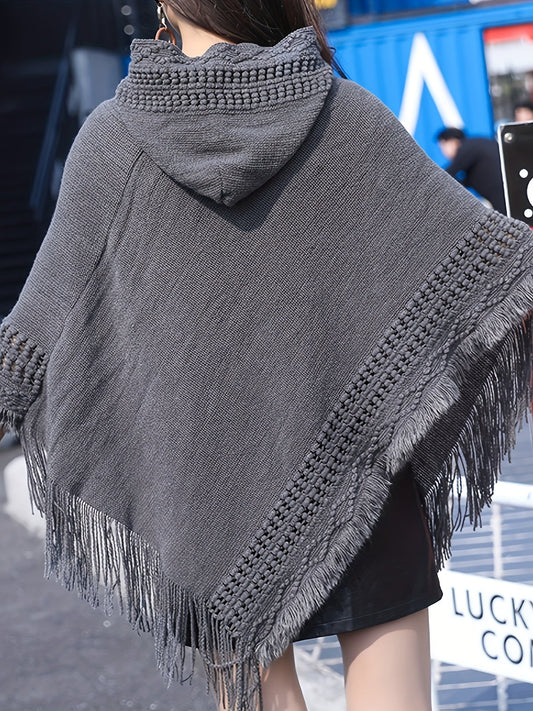 Damen Strick-Poncho mit Kapuze und Fransen