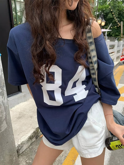 Damen Oversize Varsity-Style T-Shirt mit Zahlendruck – Lockeres Streetwear für Freizeit & Alltag