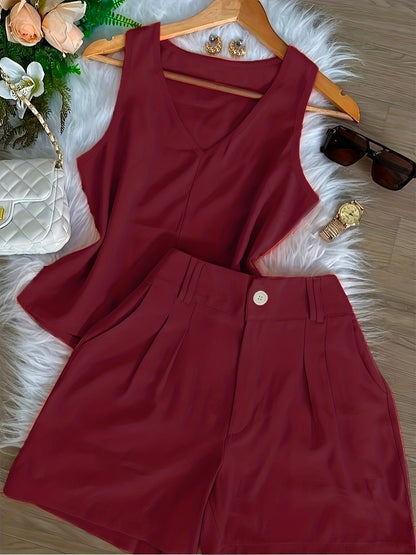 Damen Zweiteiliges Set mit V-Ausschnitt Top und High-Waist Shorts – Eleganter Freizeit-Look