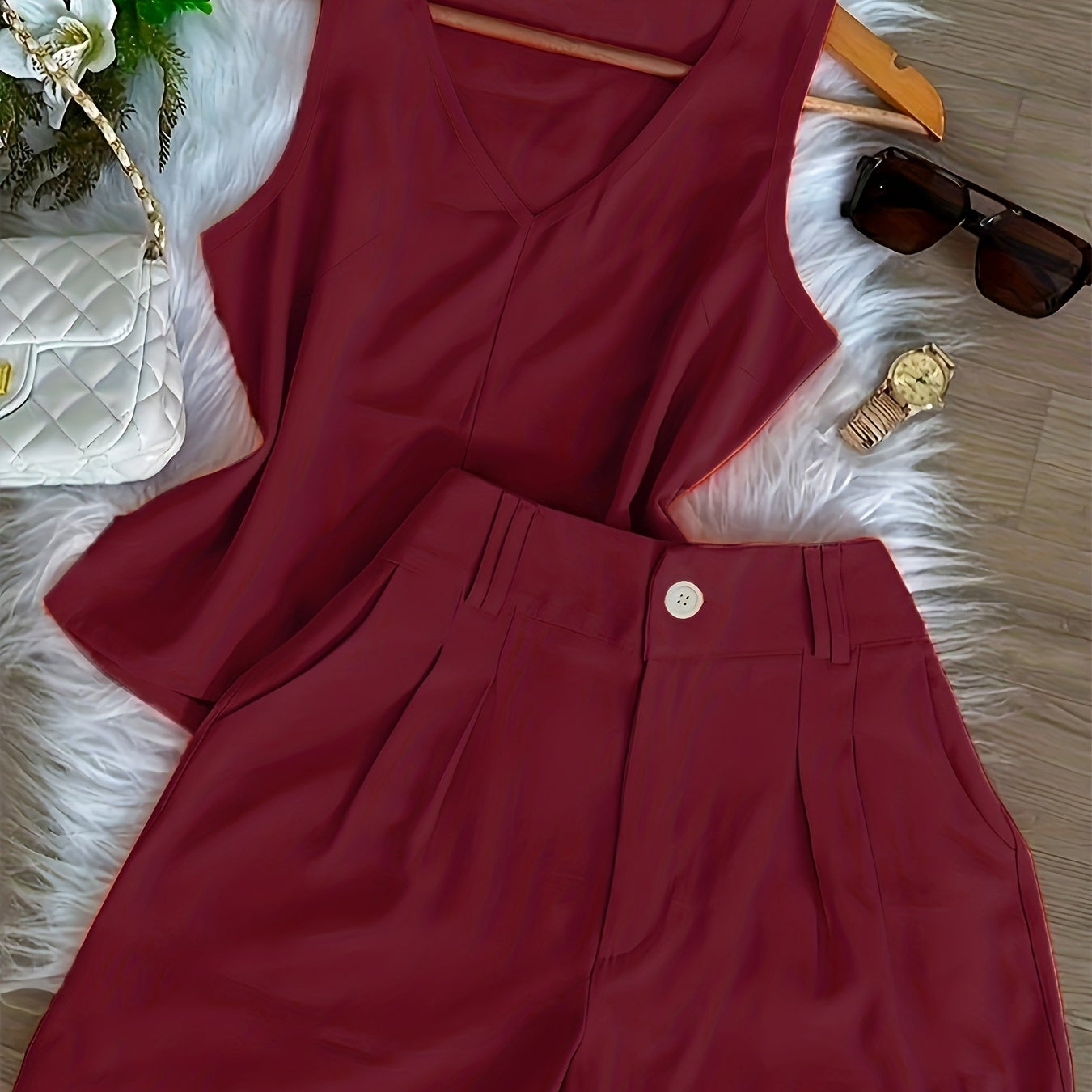 Damen Zweiteiliges Set mit V-Ausschnitt Top und High-Waist Shorts – Eleganter Freizeit-Look