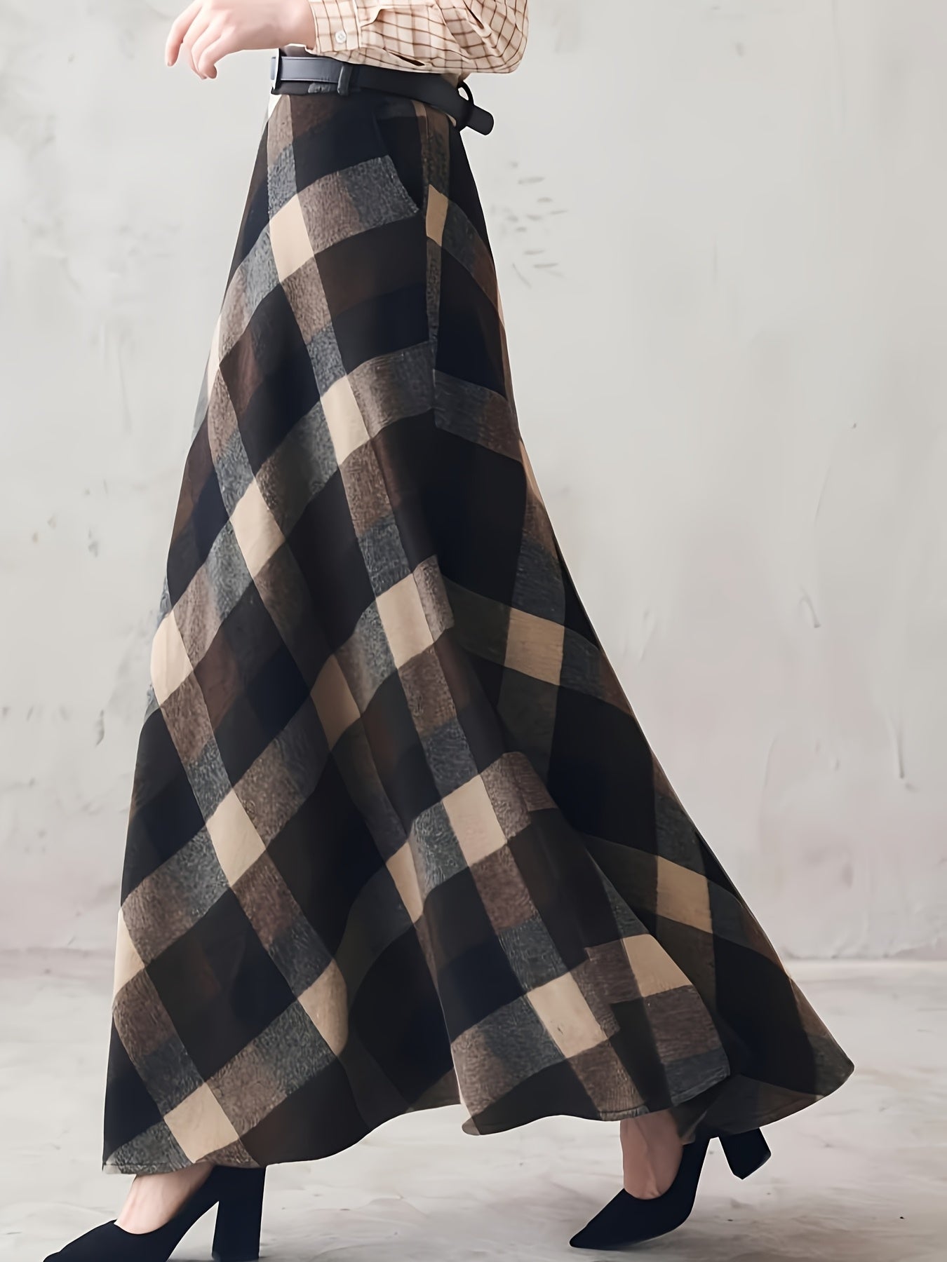 Maxirock Damen kariert Plaid A-Linie Grau Schwarz Weiß Midi