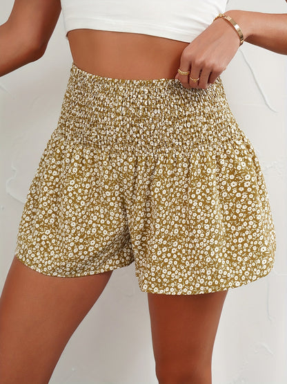 Damen Sommer Shorts mit Blumenmuster und Smokbund – Lässige Freizeitshorts