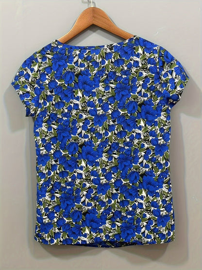 Damen Bluse mit Blumenmuster und Raffungen – Kurzarm, elegant, vielseitig für Büro & Freizeit