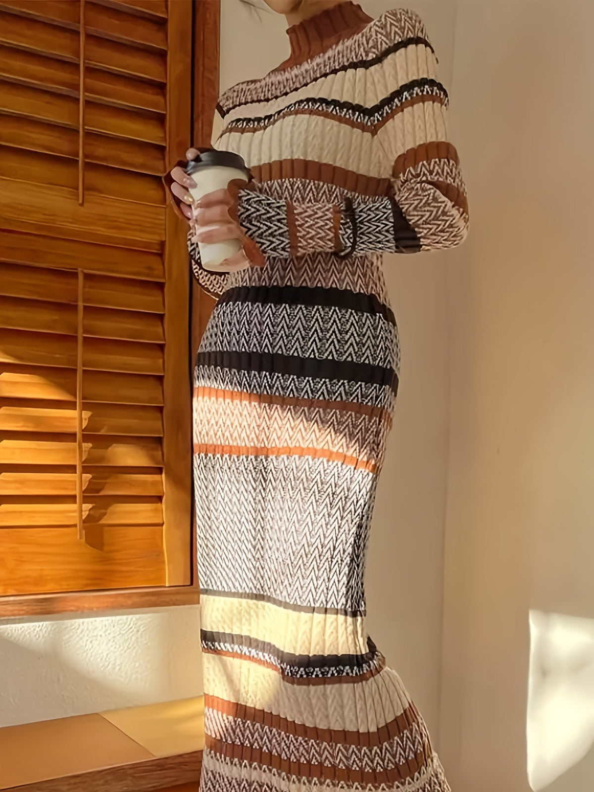 Damen Maxikleid Strickkleid Gemustert Braun Beige Rollkragen Langarm