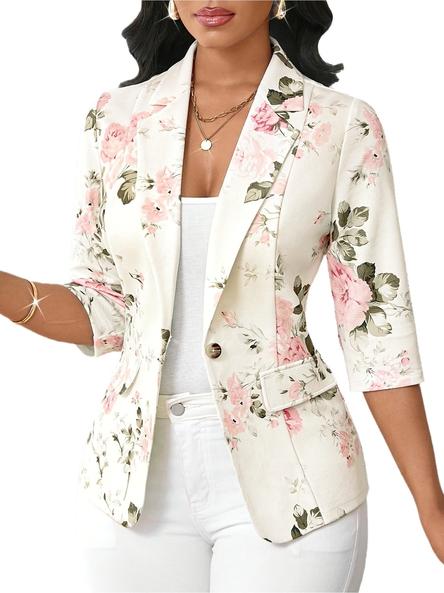 Damen Blazer Elegant mit Blumenmuster und 3/4-Ärmeln – Perfekt für Büro und Alltag