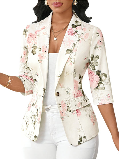 Damen Blazer Elegant mit Blumenmuster und 3/4-Ärmeln – Perfekt für Büro und Alltag