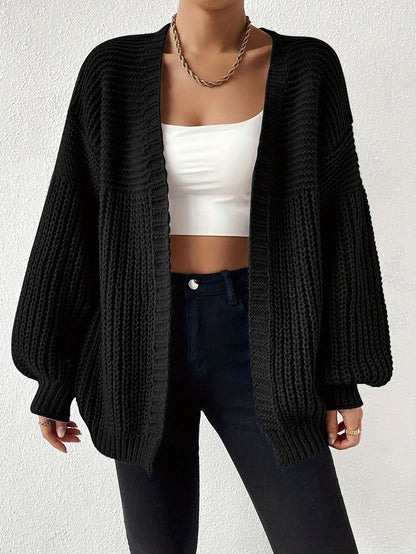 Damen Strickjacke Schwarz Offen Grobstrick Weitärmlig