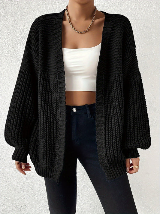 Damen Strickjacke Schwarz Offen Grobstrick Weitärmlig