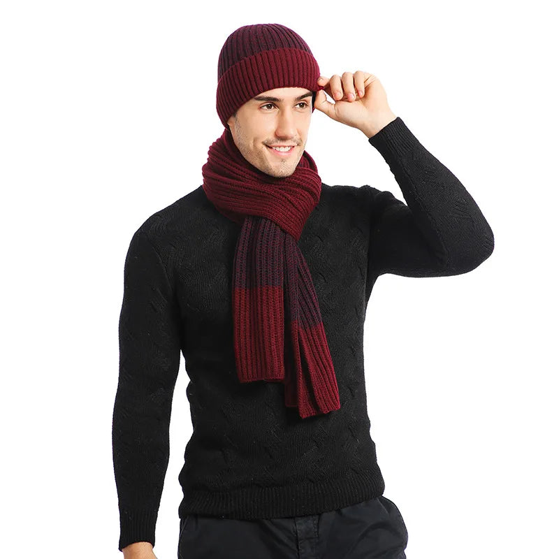 Winter Beanie Schal Set gestrickt zweifarbig - Bordeaux