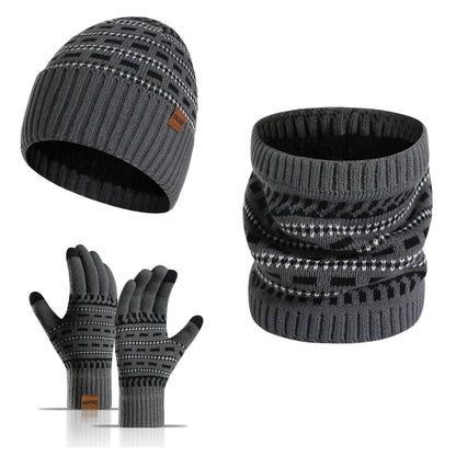 Unisex Wintermütze Schal Handschuhe Set, Gestricktes Beanie mit Nackenwärmer & Touchscreen-Handschuhen