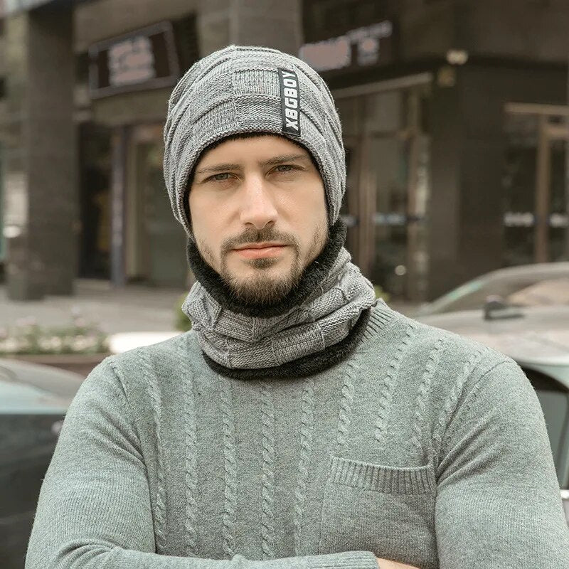 Winter Beanie Mütze & Schlauchschal Set Herren, Warme Strickmütze mit Fleece Futter, Winterset mit Nackenwärmer