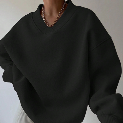Damen Oversized Pullover Schwarz mit V-Ausschnitt und Rippbündchen