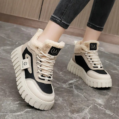 Damen Winter Sneaker High-Top mit dicker Sohle und Teddyfutter, Schwarz Beige