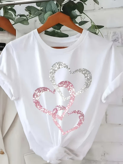 Damen T-Shirt mit Glitzer-Herzmotiv – Lockeres, modisches Freizeitshirt für Alltag & Sommer
