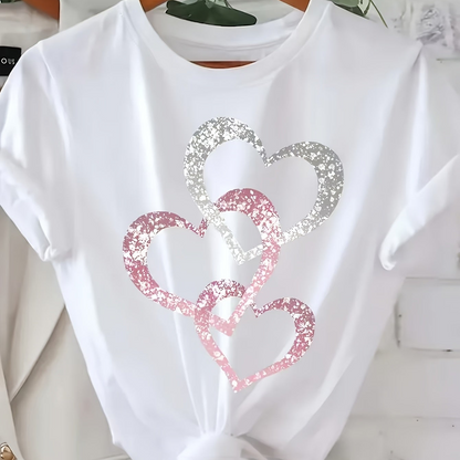 Damen T-Shirt mit Glitzer-Herzmotiv – Lockeres, modisches Freizeitshirt für Alltag & Sommer