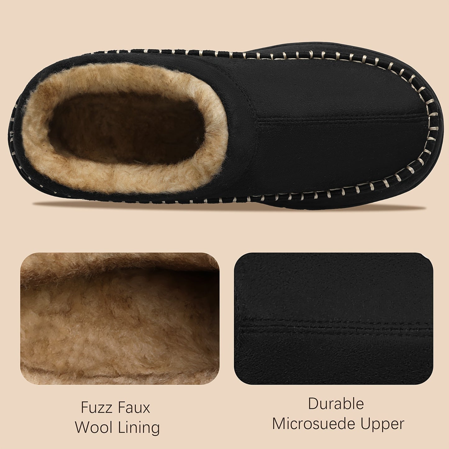 Unisex Winter Hausschuhe gefüttert mit weichem Innenfutter, in Mokassin-Optik, Braun & Schwarz