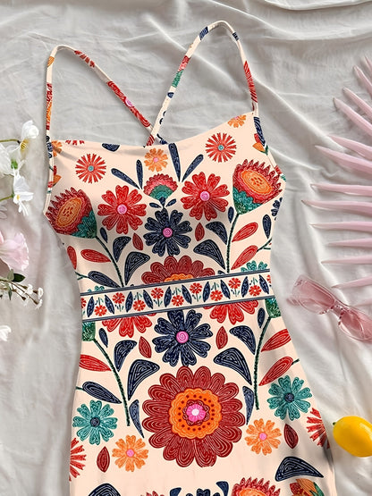 Damen Midikleid mit Blumenmuster und Spaghettiträgern – Boho Sommerkleid für Freizeit & Urlaub