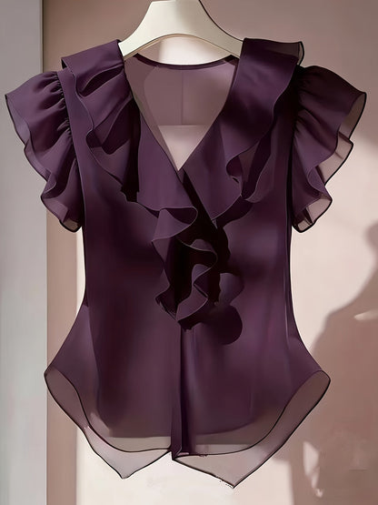 Damen Rüschenbluse mit V-Ausschnitt und Volantärmeln – Elegante Chiffonbluse für Büro und besondere Anlässe