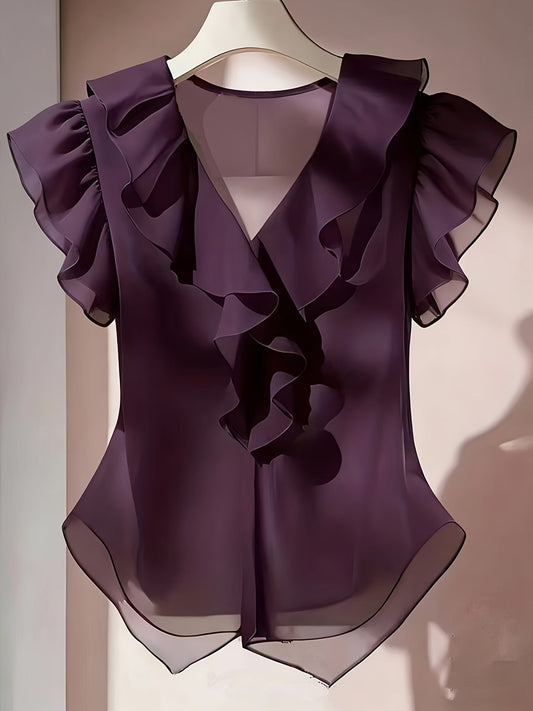 Damen Rüschenbluse mit V-Ausschnitt und Volantärmeln – Elegante Chiffonbluse für Büro und besondere Anlässe