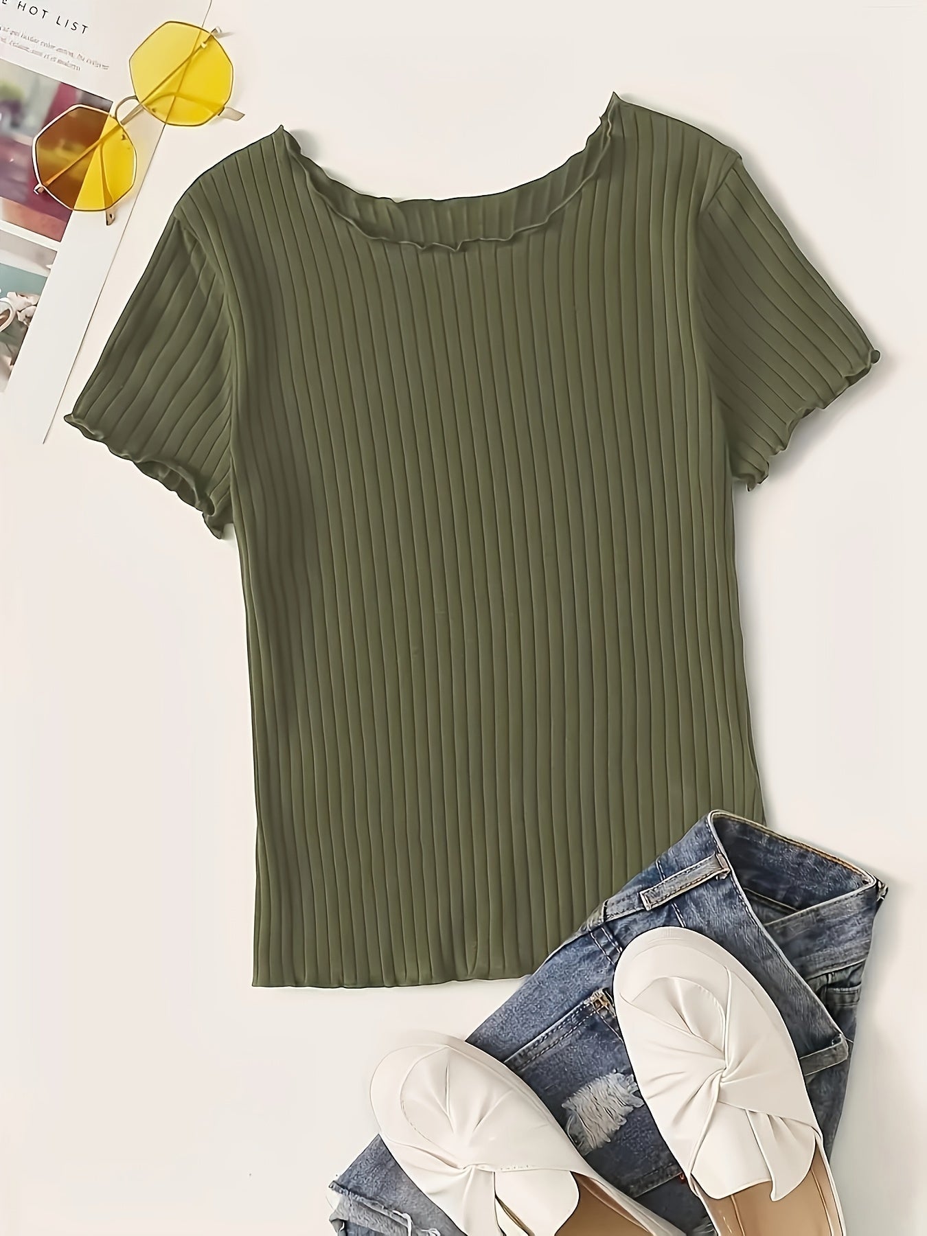 Damen Basic Kurzarm Rippen-Shirt mit Wellenkante – Stilvolles Freizeit- & Büro-Oberteil