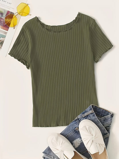 Damen Basic Kurzarm Rippen-Shirt mit Wellenkante – Stilvolles Freizeit- & Büro-Oberteil