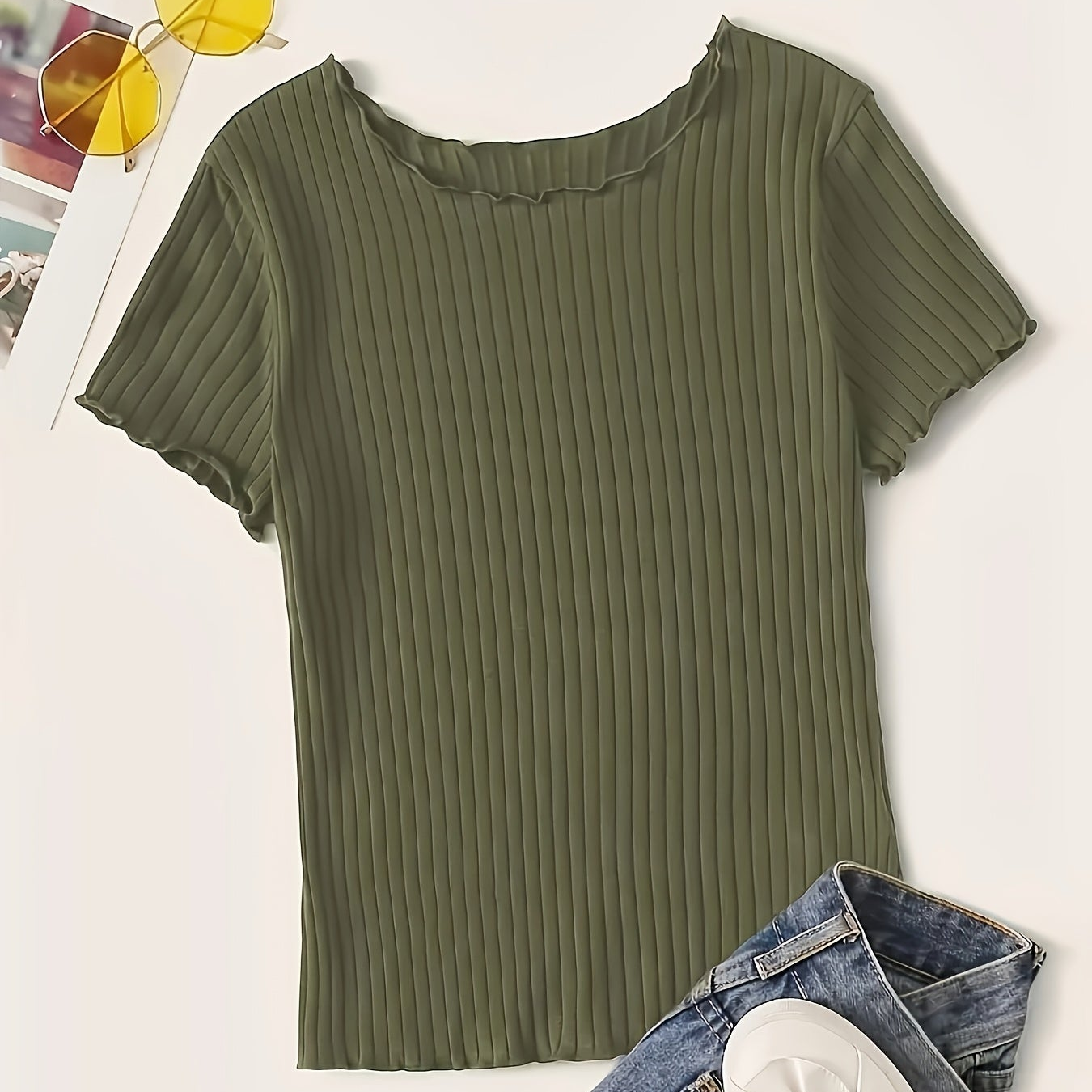 Damen Basic Kurzarm Rippen-Shirt mit Wellenkante – Stilvolles Freizeit- & Büro-Oberteil