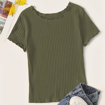 Damen Basic Kurzarm Rippen-Shirt mit Wellenkante – Stilvolles Freizeit- & Büro-Oberteil