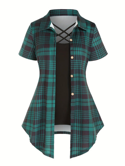 Damen Kurzarm Karo Hemdbluse mit Überkreuz-Detail – Eleganter Freizeit-Look für den Sommer