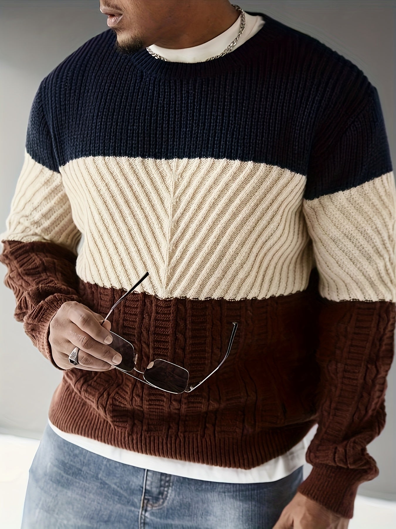Herren Pullover Farbblock Gerippt Rundhalsausschnitt Langarm
