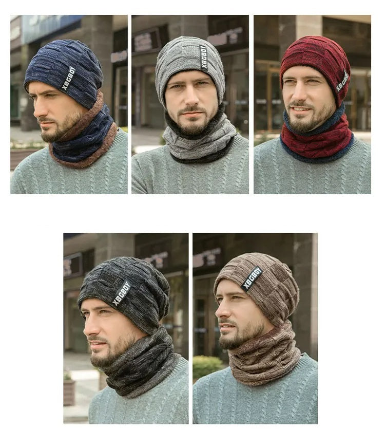 Unisex Winter Mütze & Schal Set Strickmuster mit Plüschfutter in verschiedenen Farben