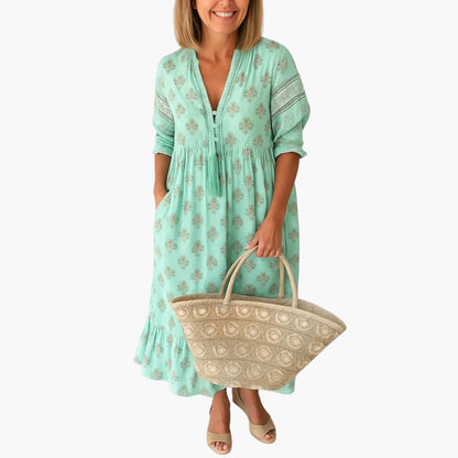 Damen Boho Midi Kleid mit Taschen und Quasten, Sommer Freizeitkleid