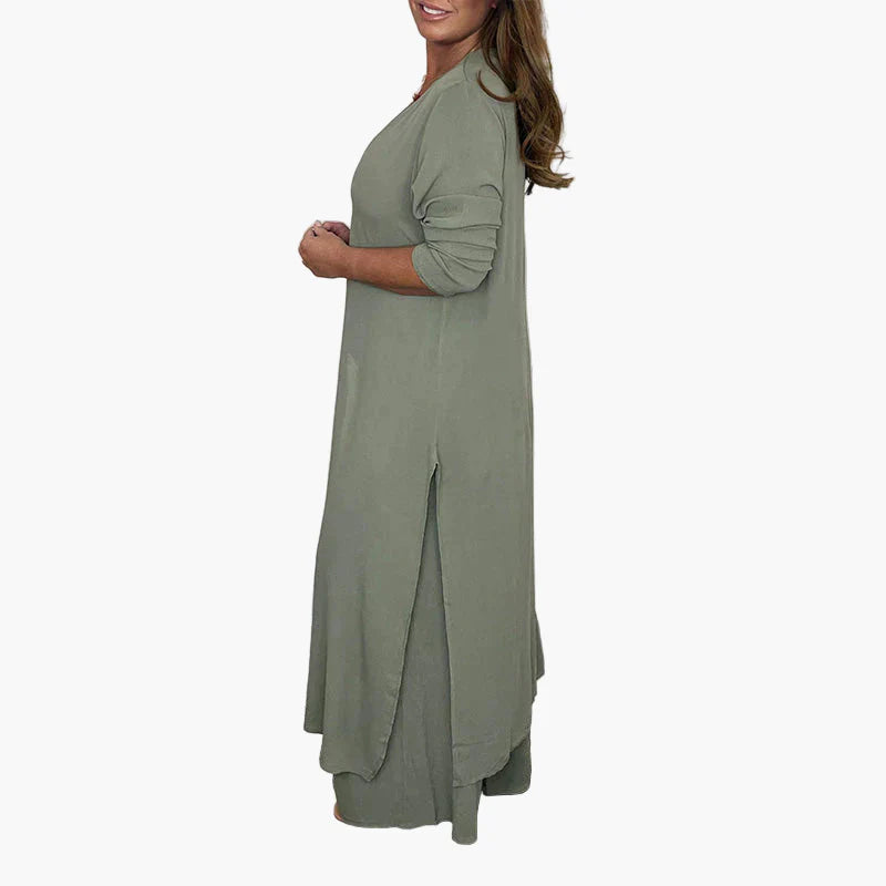 Damen Zweiteiliges Freizeitanzug Set – Eleganter Langer Blazer & Weite Hose für Alltag und besondere Anlässe