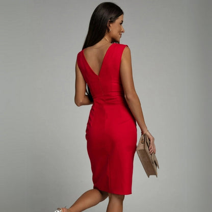 Damen Abendkleid Elegant Wickeloptik Falten Midi Cocktailkleid für besondere Anlässe