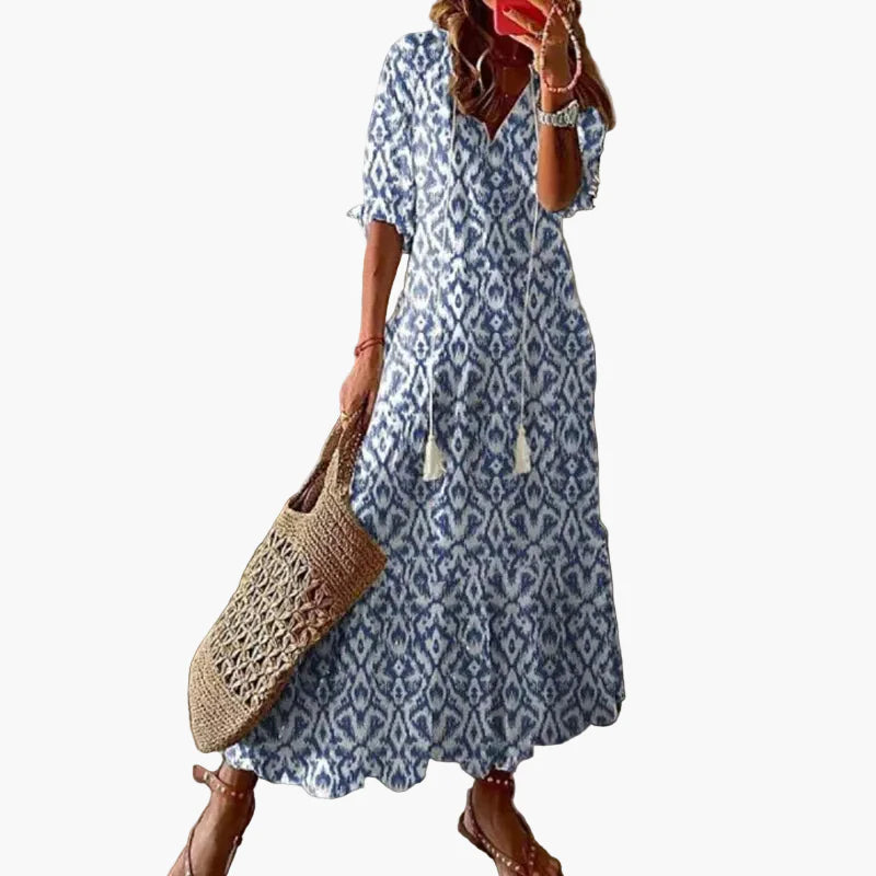 Damen Boho Maxikleid Sommer Freizeitkleid mit Blumenmuster und V-Ausschnitt – Perfekt für Strand & Alltag