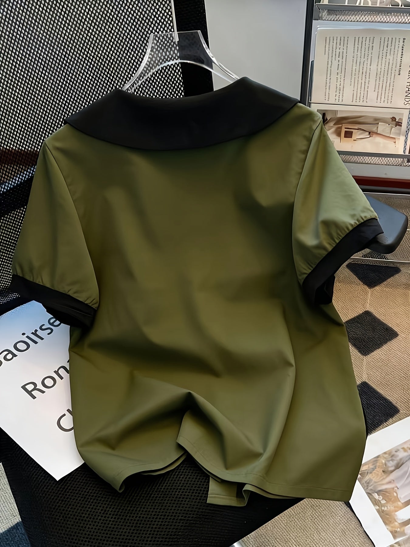 Damen Bluse mit kontrastierendem Kragen im Vintage-Stil – Elegante Freizeitmode für Büro und Alltag