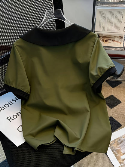 Damen Bluse mit kontrastierendem Kragen im Vintage-Stil – Elegante Freizeitmode für Büro und Alltag