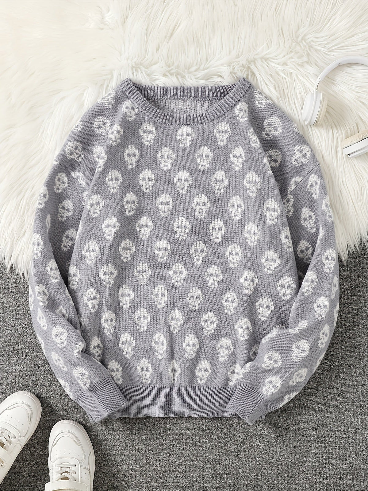 Unisex Pullover mit Totenkopfmuster Strick Rundhals Langarm Strickpullover
