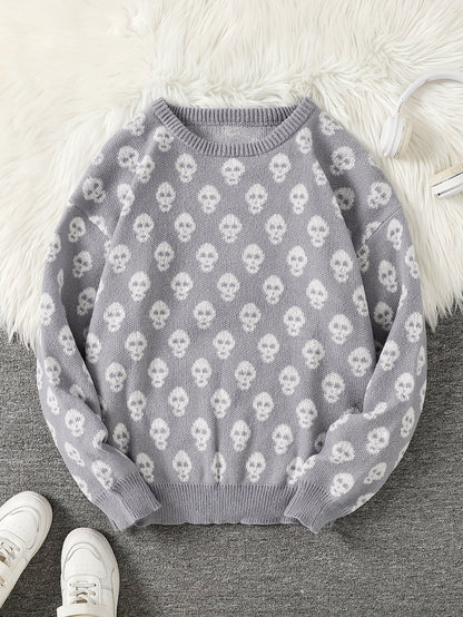 Unisex Pullover mit Totenkopfmuster Strick Rundhals Langarm Strickpullover