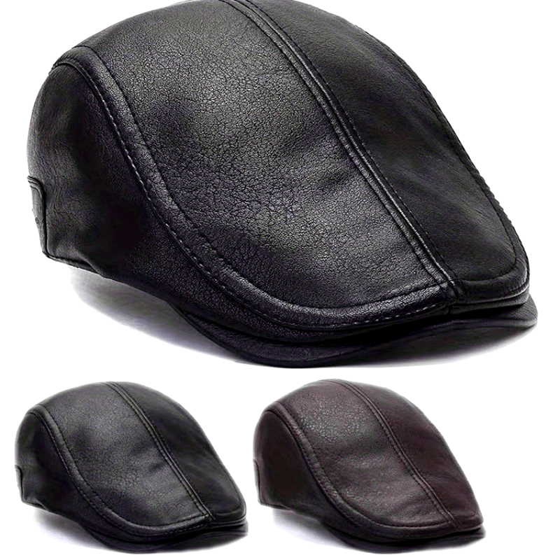 Schiebermütze Flat Cap aus lederähnlichem Material in Schwarz oder Braun